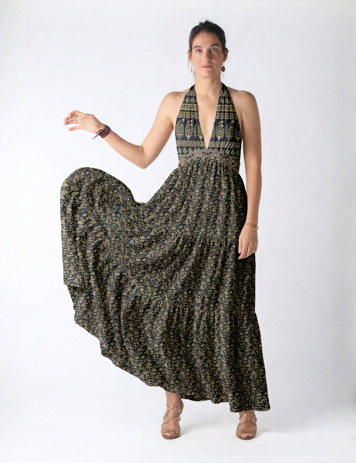 Maxi tiered dress by I was a Sari with halter neckline and flowy silhouette