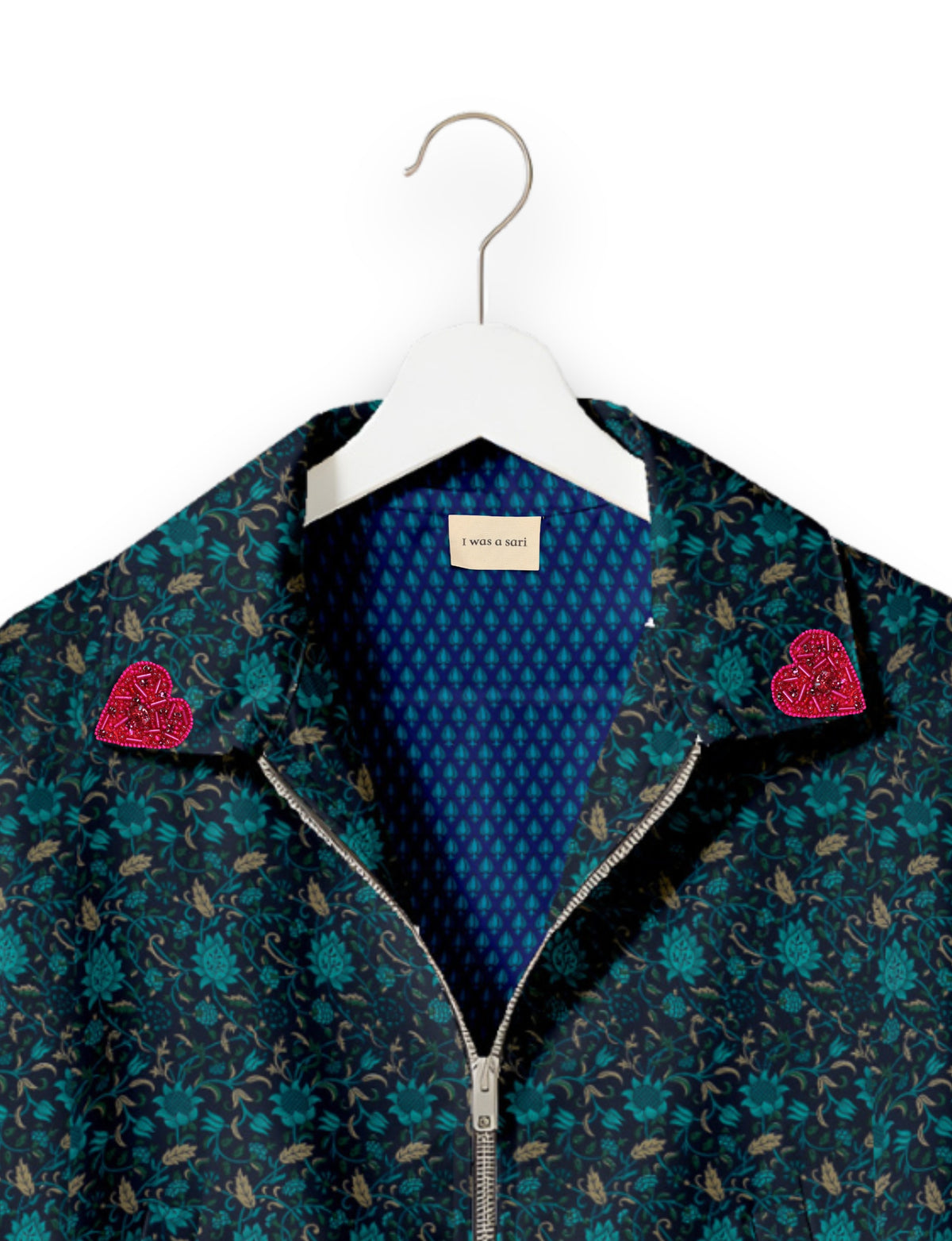 Love Bomber Jacket made from recycled fabric, featuring hand-stitched Aari embroidery. A unique piece of zero-waste clothing, part of the circular fashion movement. Designed with upcycled materials for a stylish yet environmentally friendly clothing choice.