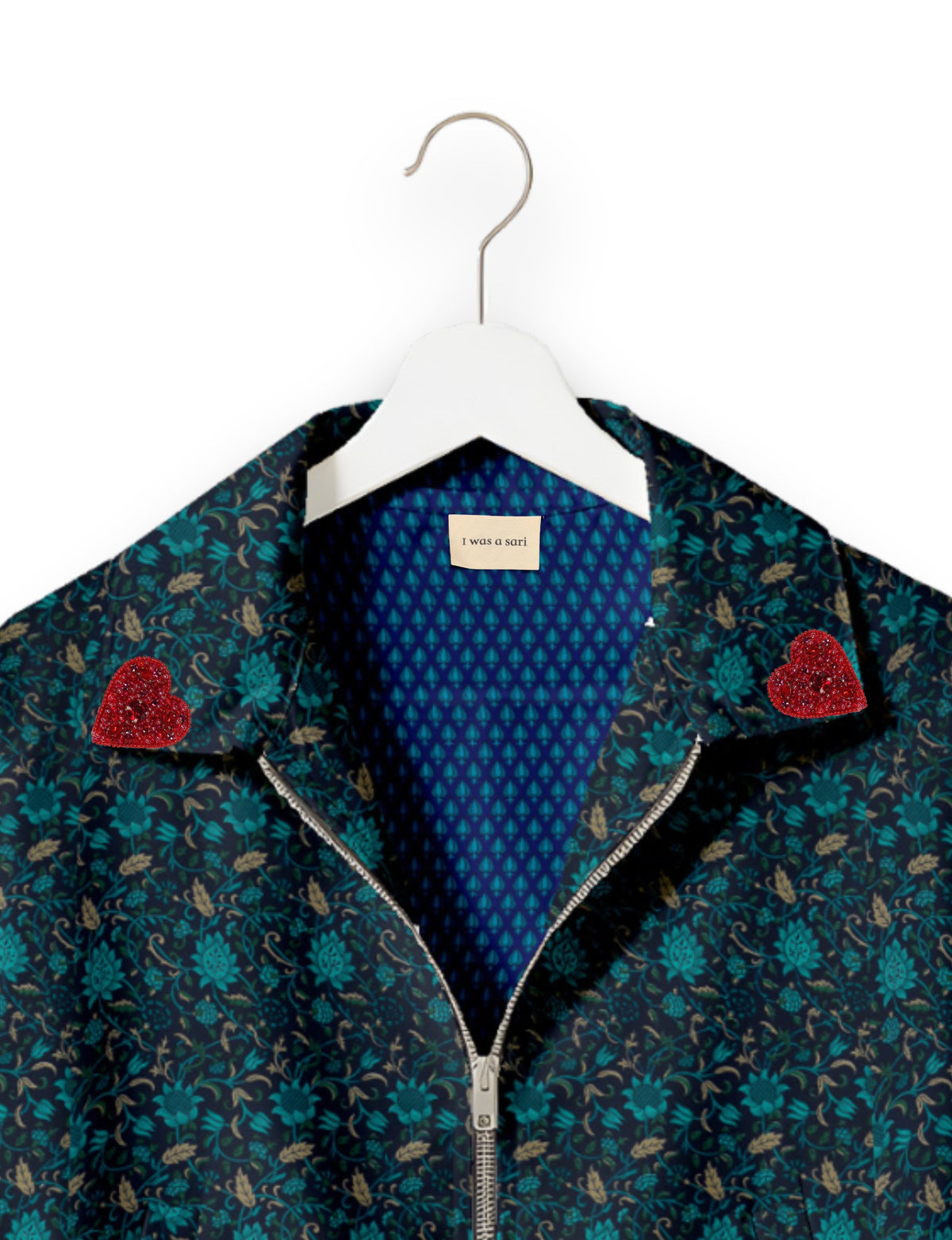 Love Bomber Jacket made from recycled fabric, featuring hand-stitched Aari embroidery. A unique piece of zero-waste clothing, part of the circular fashion movement. Designed with upcycled materials for a stylish yet environmentally friendly clothing choice.