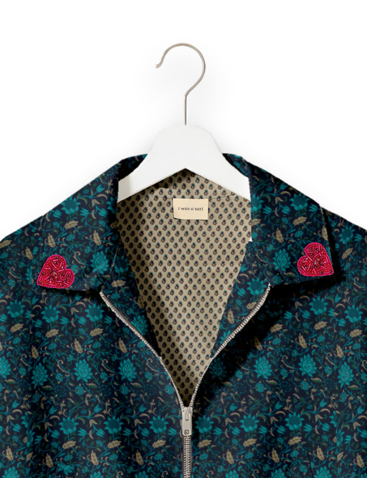 Love Bomber Jacket made from recycled fabric, featuring hand-stitched Aari embroidery. A unique piece of zero-waste clothing, part of the circular fashion movement. Designed with upcycled materials for a stylish yet environmentally friendly clothing choice.