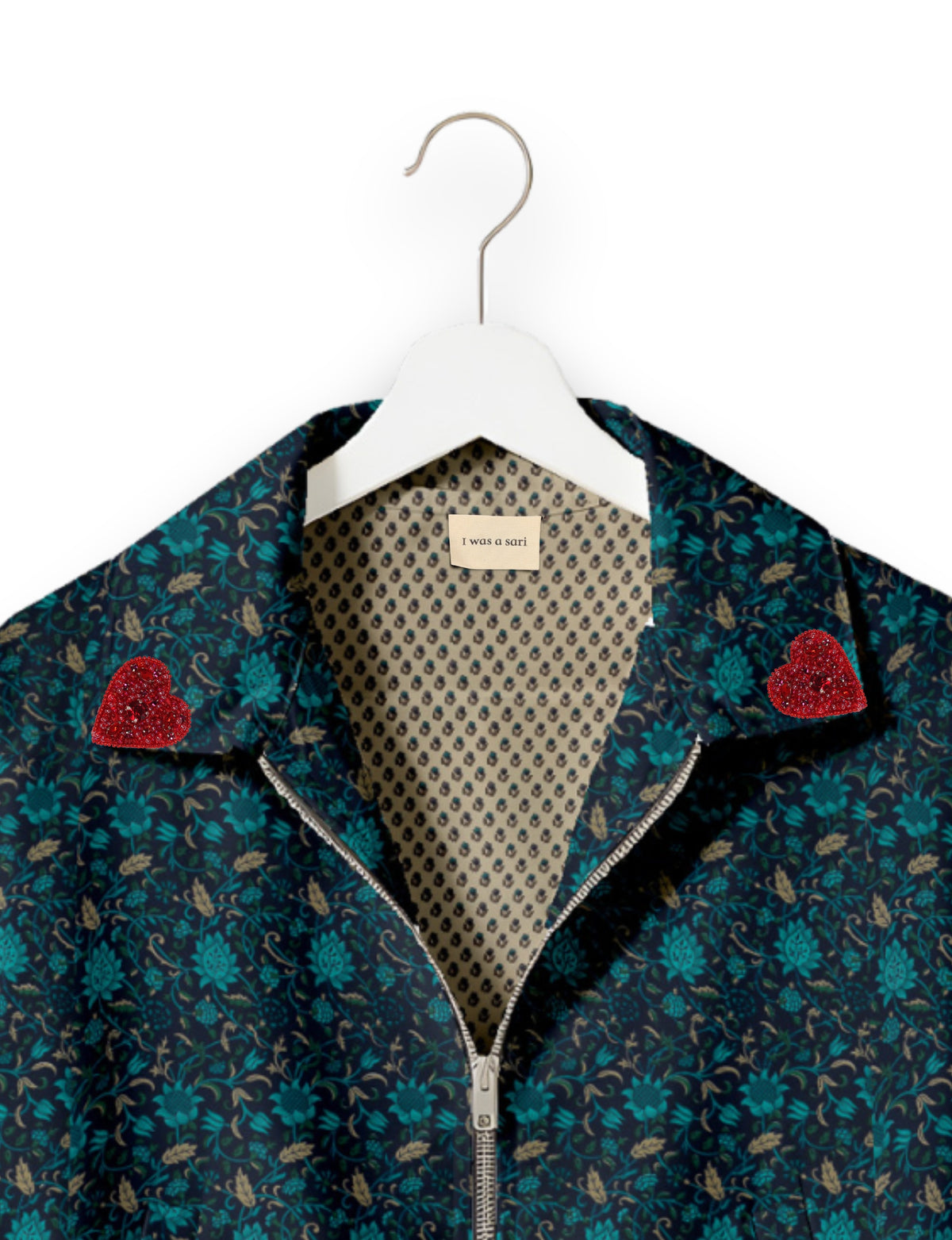 Love Bomber Jacket made from recycled fabric, featuring hand-stitched Aari embroidery. A unique piece of zero-waste clothing, part of the circular fashion movement. Designed with upcycled materials for a stylish yet environmentally friendly clothing choice.