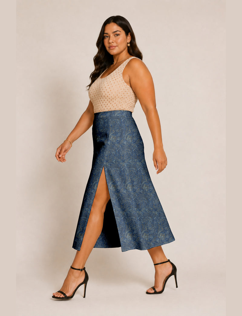A line skirt with slit - Blue Tropical