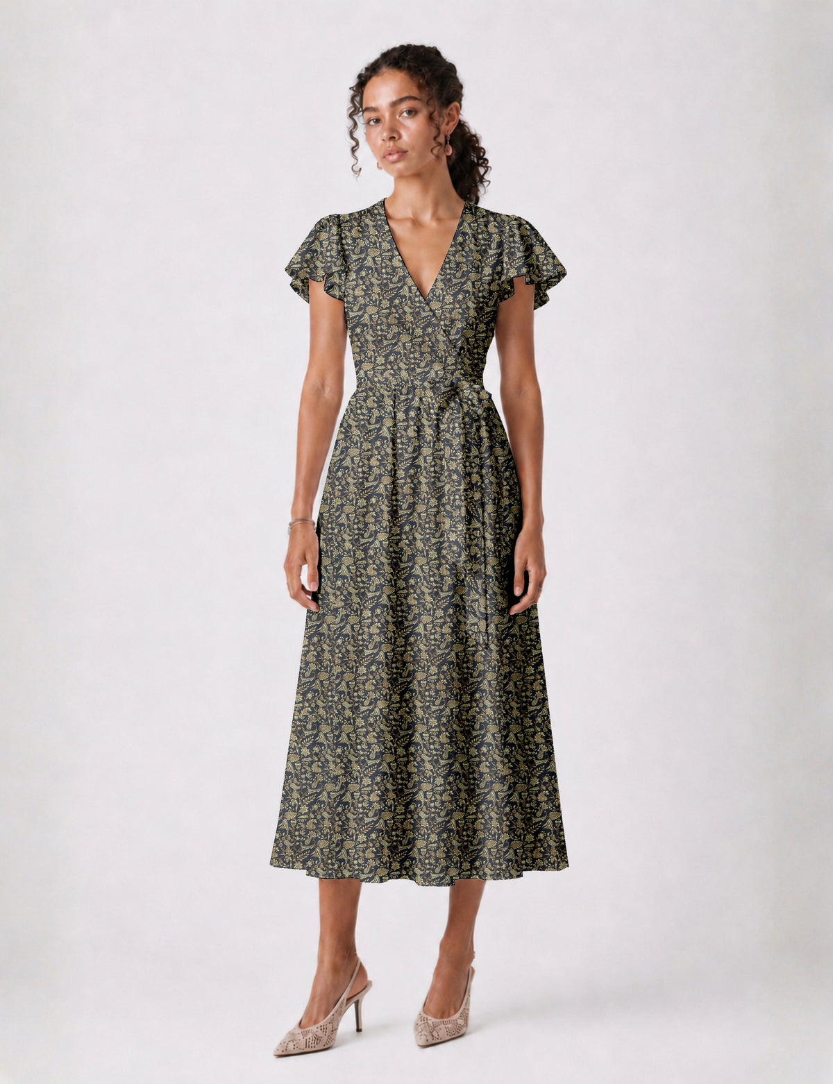 Elegant midi wrap dress with a V-neckline, adjustable waist tie, fitted bodice, and flared skirt for a timeless, flattering silhouette.