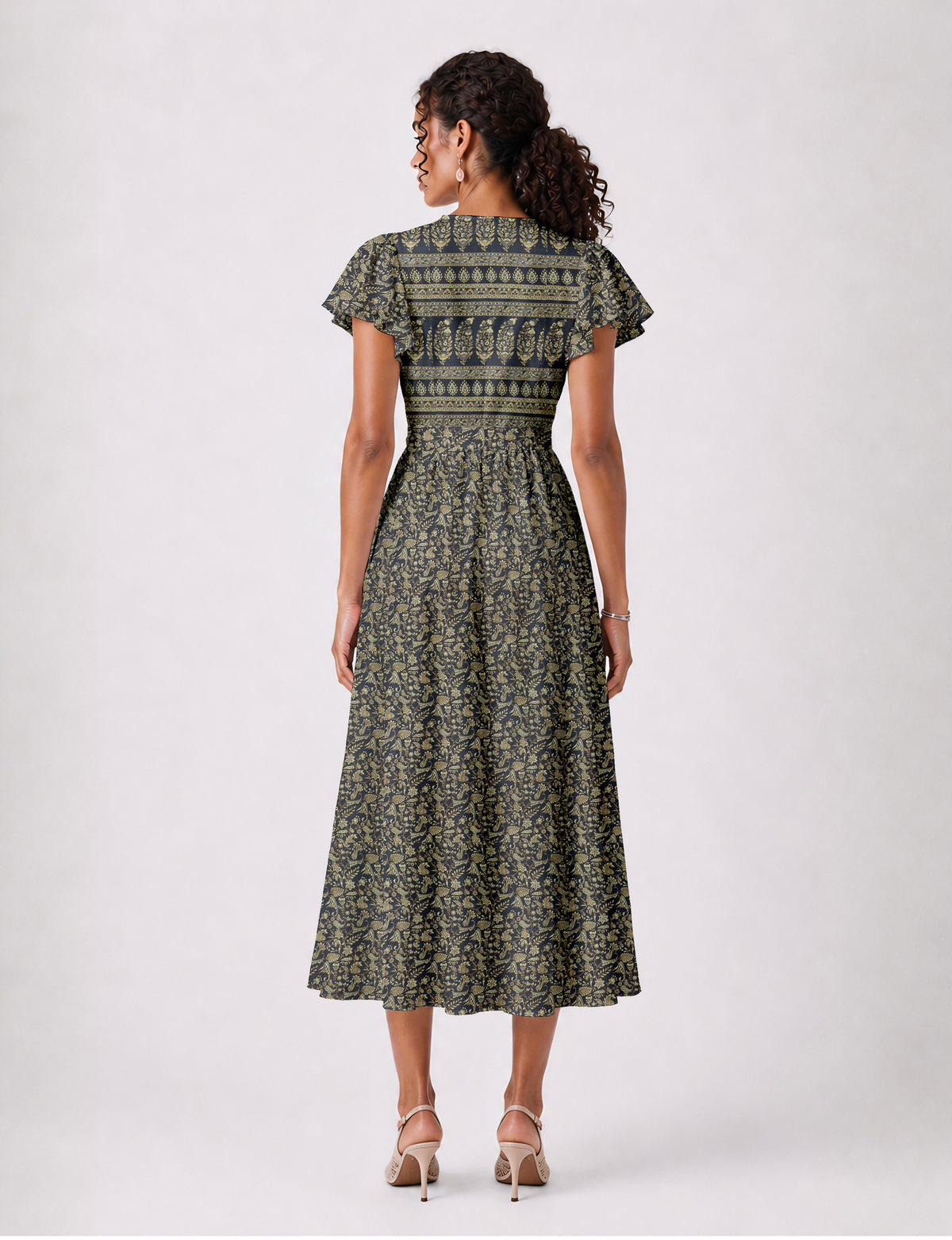 Elegant midi wrap dress with a V-neckline, adjustable waist tie, fitted bodice, and flared skirt for a timeless, flattering silhouette.