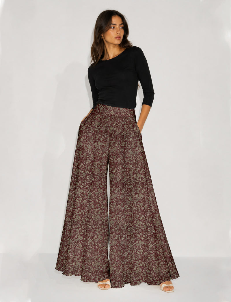 Wide Leg Palazzo Trousers - Brown Floral