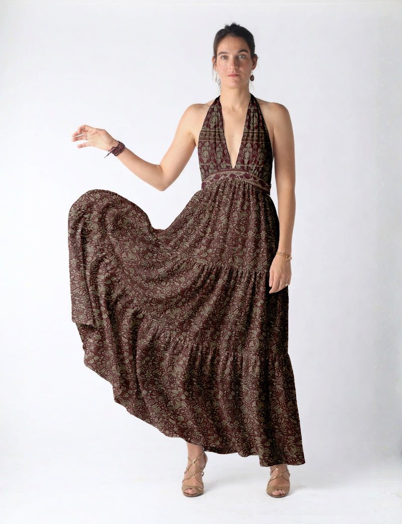 Maxi tiered dress by I was a Sari with halter neckline and flowy silhouette