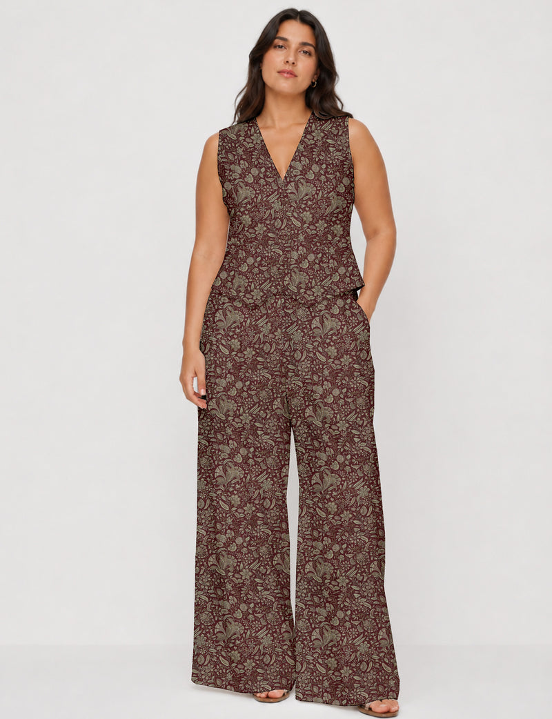 Women's tailored waistcoat set with a sleeveless V-neck button-front waistcoat and high-rise wide leg trousers in a coordinated matching outfit.