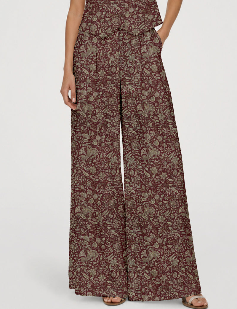 Wide leg pleated trouser - Brown Floral
