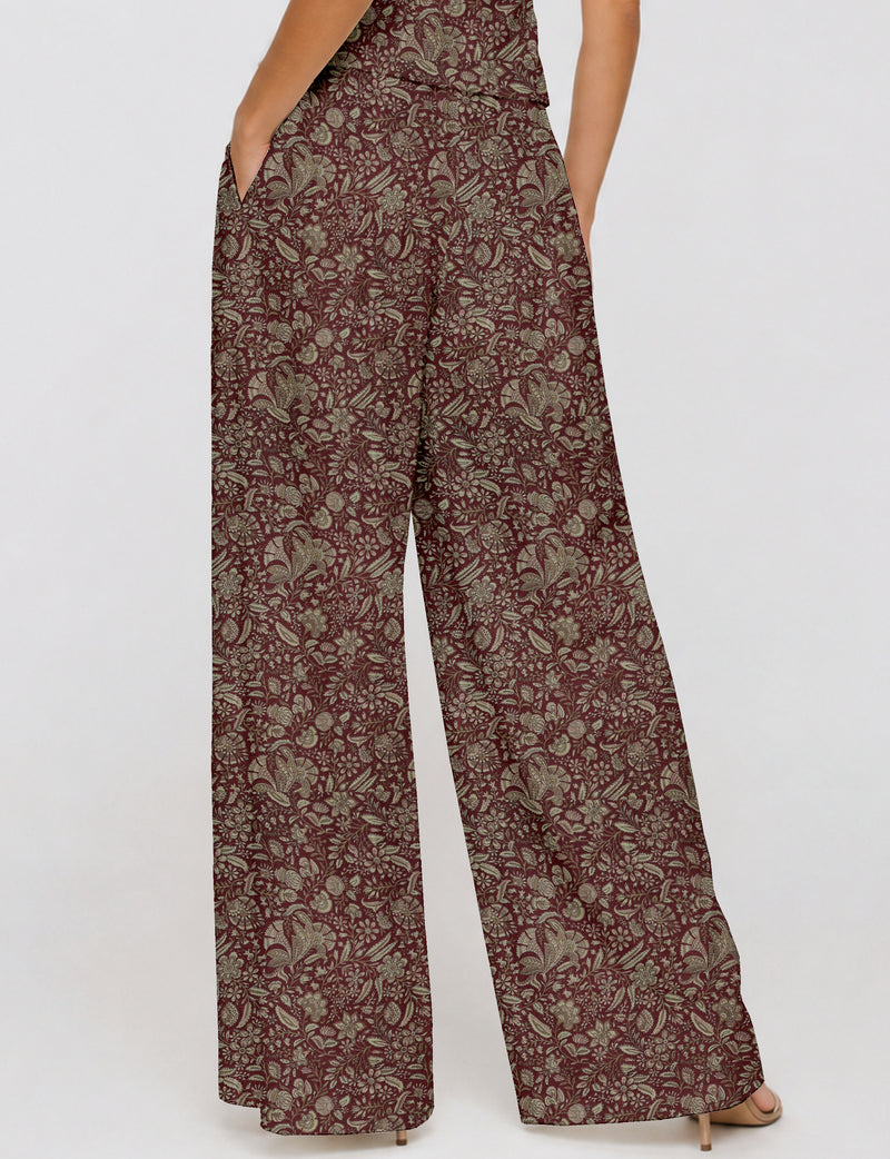 Wide leg pleated trouser - Brown Floral