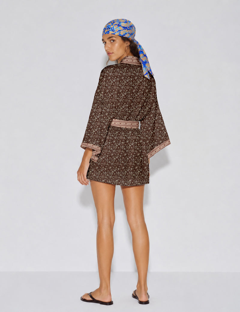 Short kimono robe - Brown Floral