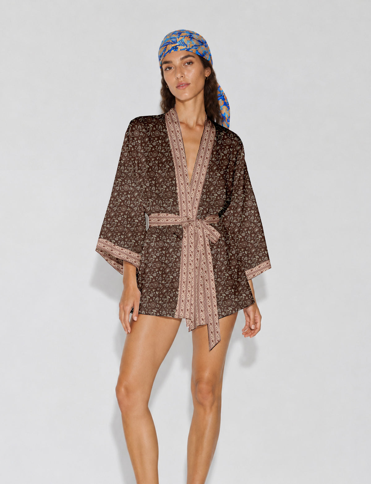 Short kimono robe - Brown Floral