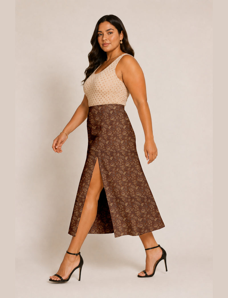 A line skirt with slit - Brown Floral