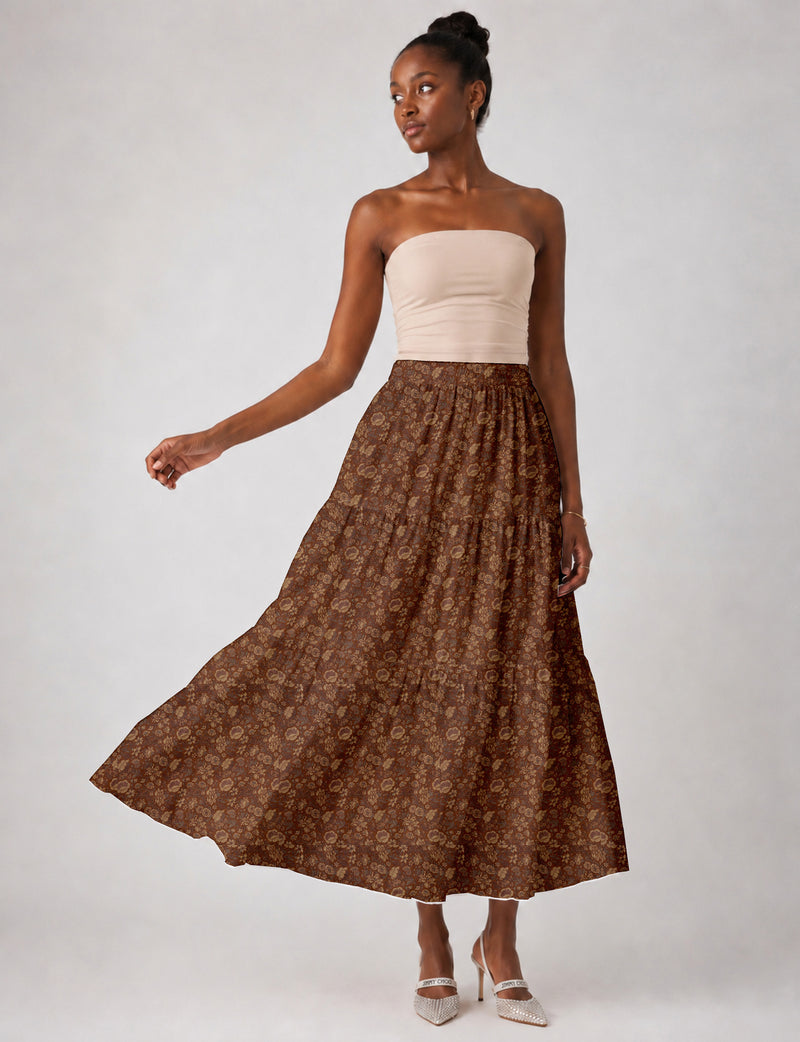 Midi Tiered Skirt - Brown Floral
