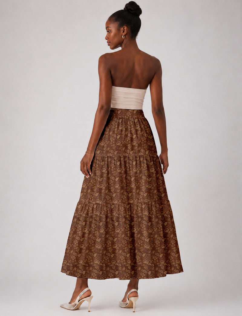 Midi Tiered Skirt - Brown Floral