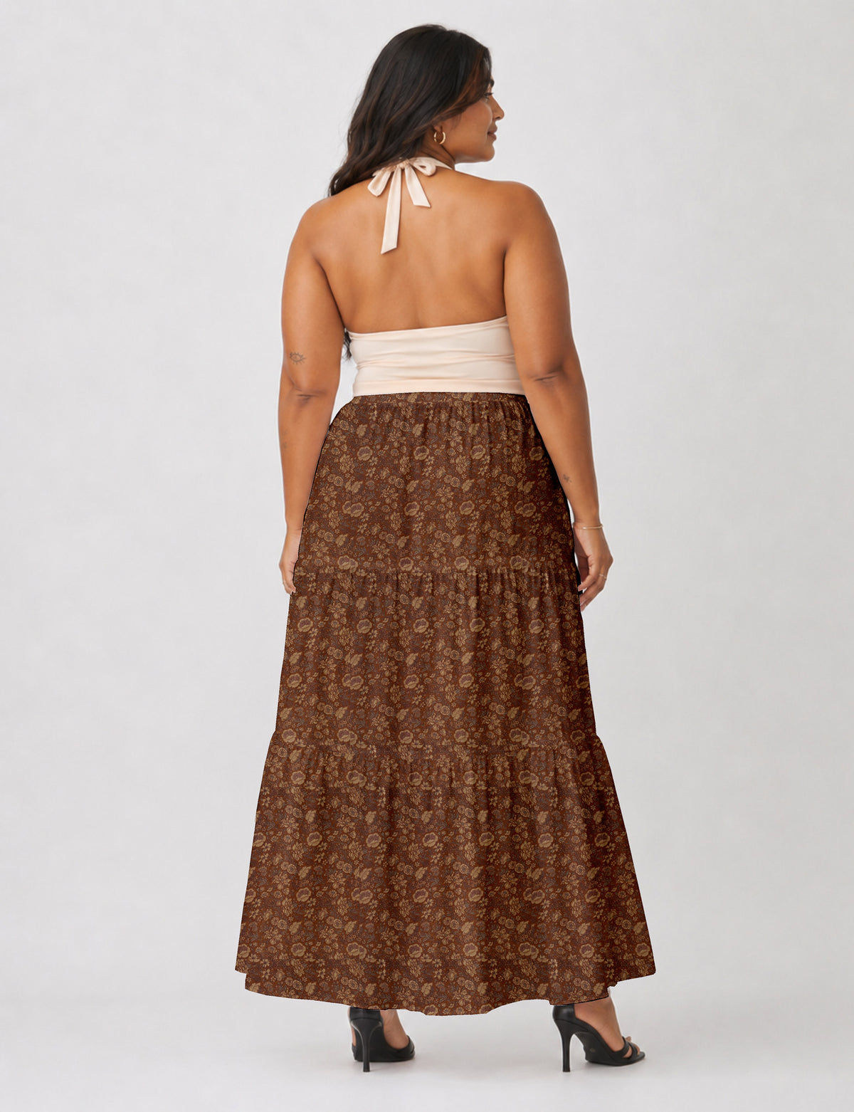 Midi Tiered Skirt - Brown Floral