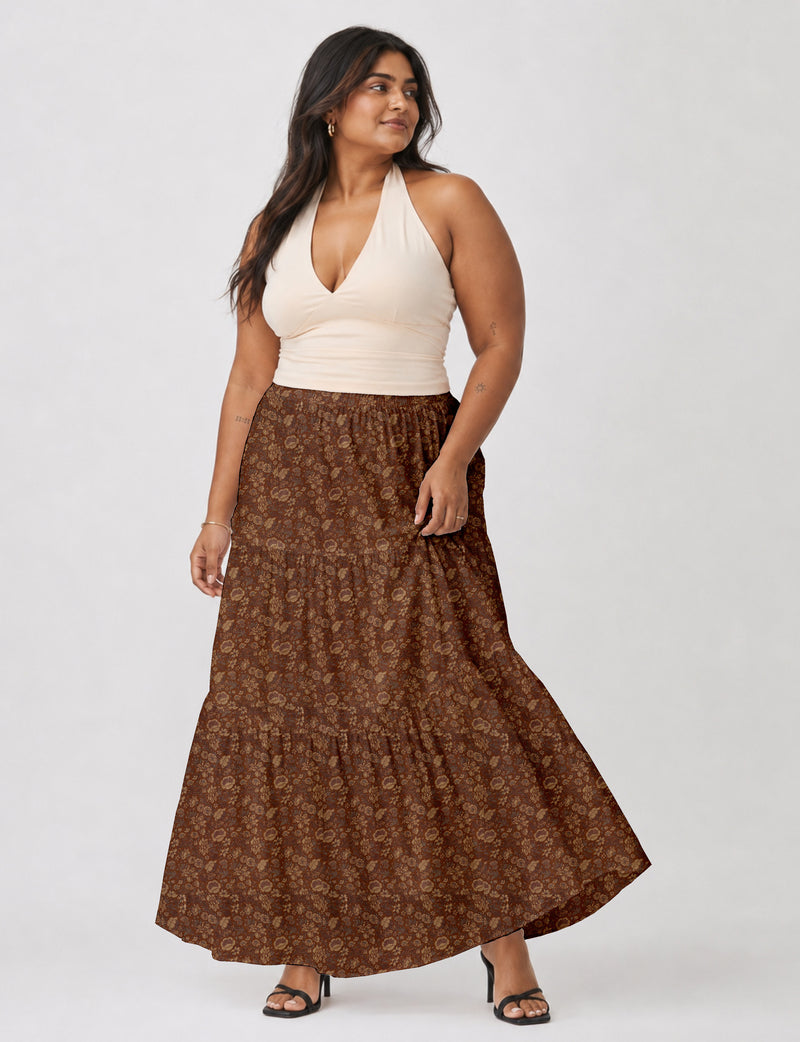 Midi Tiered Skirt - Brown Floral