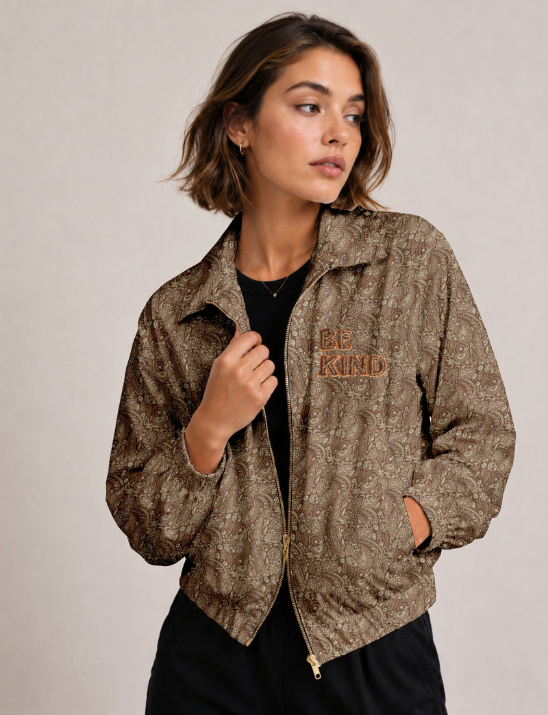BE KIND Bomber jacket made from upcycled sari fabric with handcrafted Aari embroidery by female artisans.