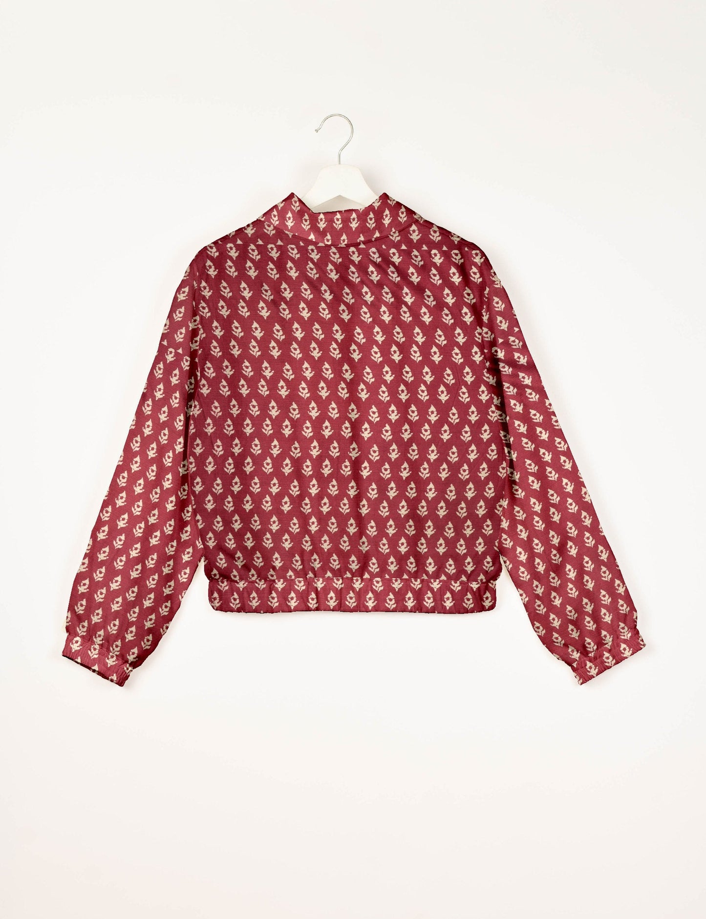 Love Bomber Jacket made from recycled fabric, featuring hand-stitched Aari embroidery. A unique piece of zero-waste clothing, part of the circular fashion movement. Designed with upcycled materials for a stylish yet environmentally friendly clothing choice.