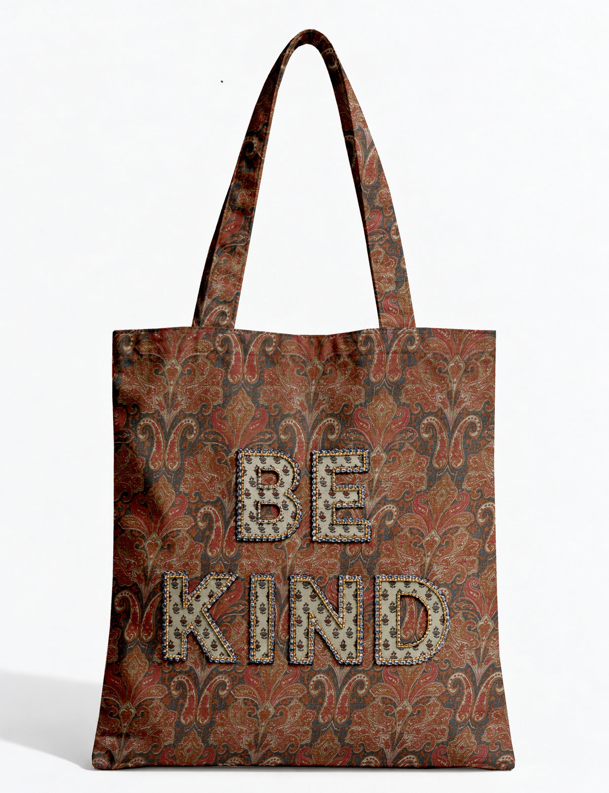 Be Kind tote bag with contrast sari fabric appliqué lettering, double shoulder straps, and front slip pocket.