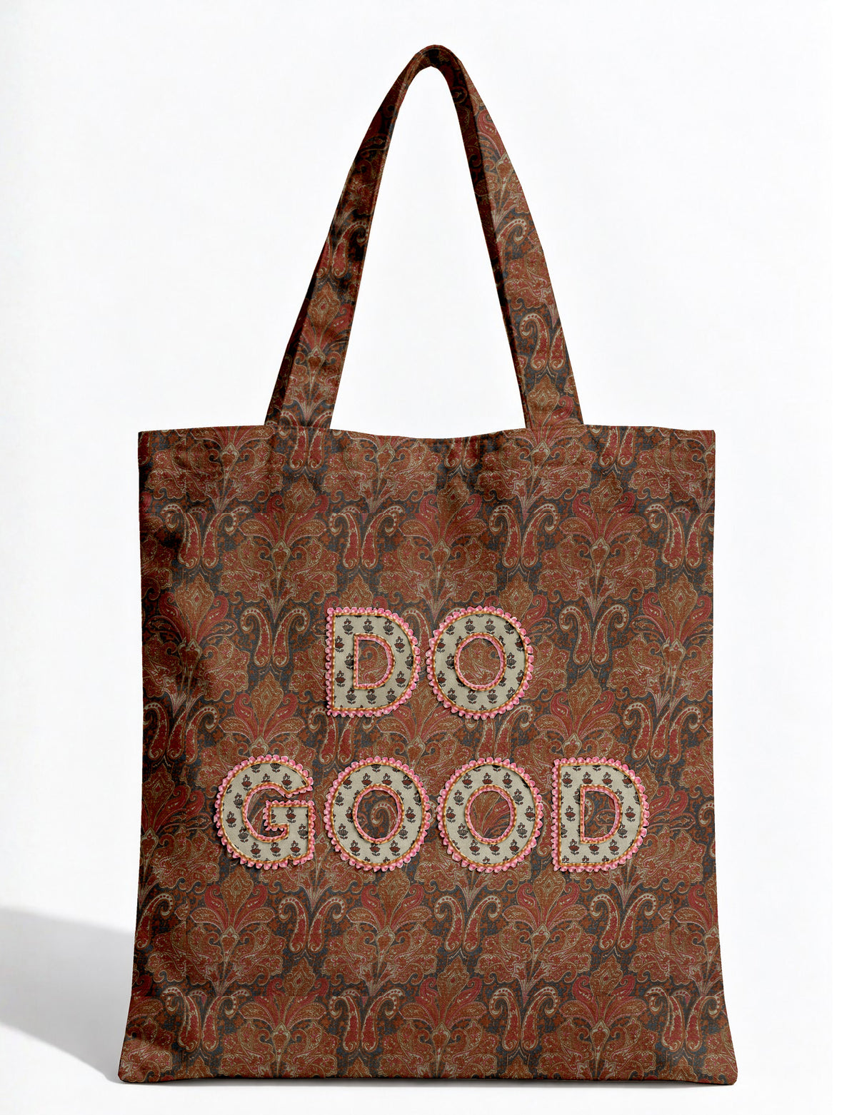 DO GOOD tote bag featuring contrasting sari fabric appliqué lettering, double shoulder straps, soft construction and an internal slip pocket with piping detail.
