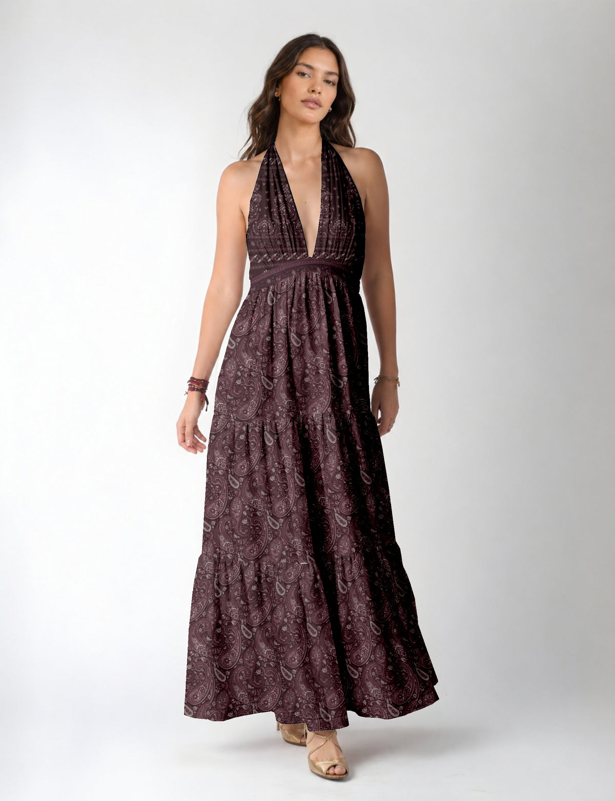 Halter neck maxi dress with tiered layers and elasticated back
