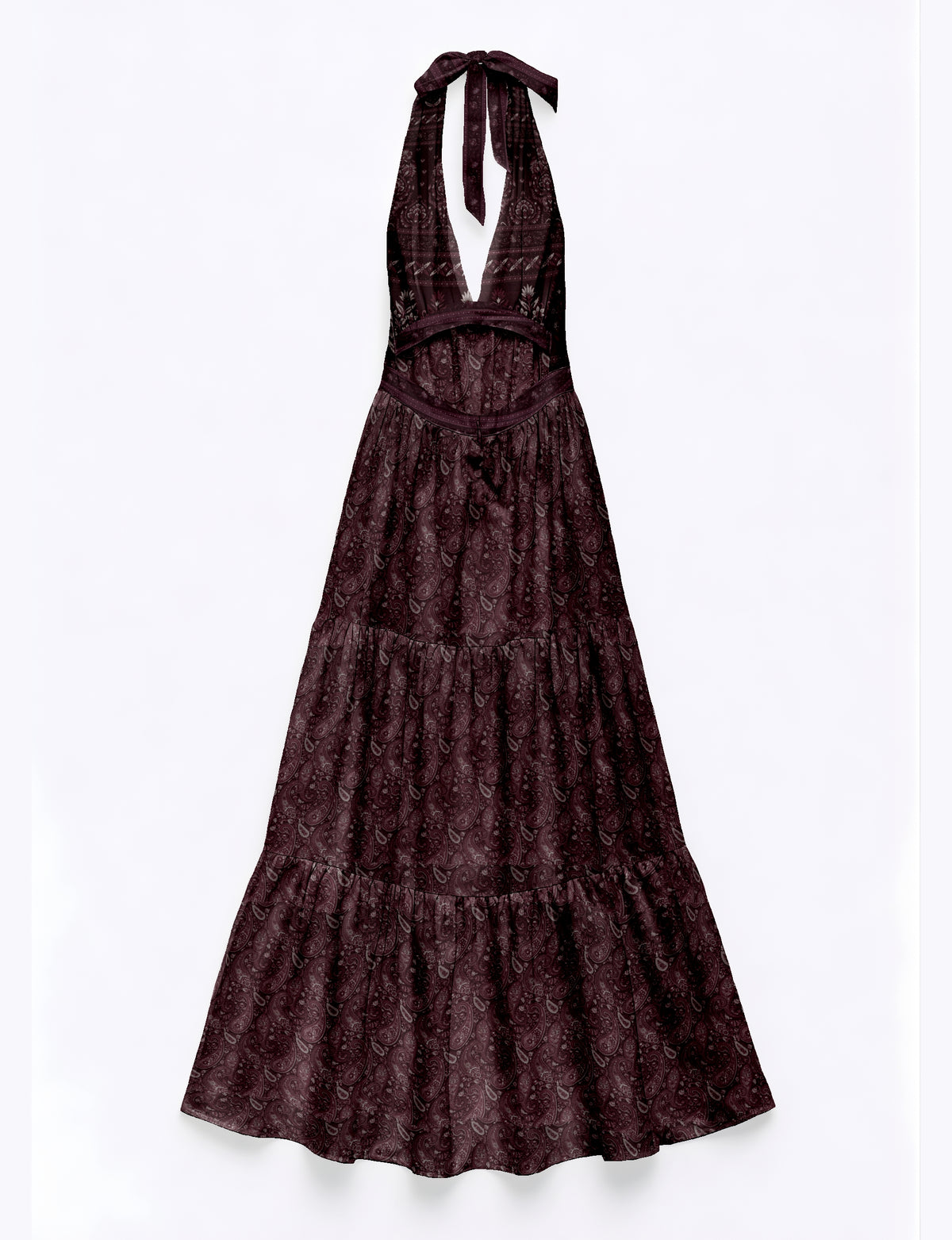 Elegant tiered maxi dress with adjustable tie neck design