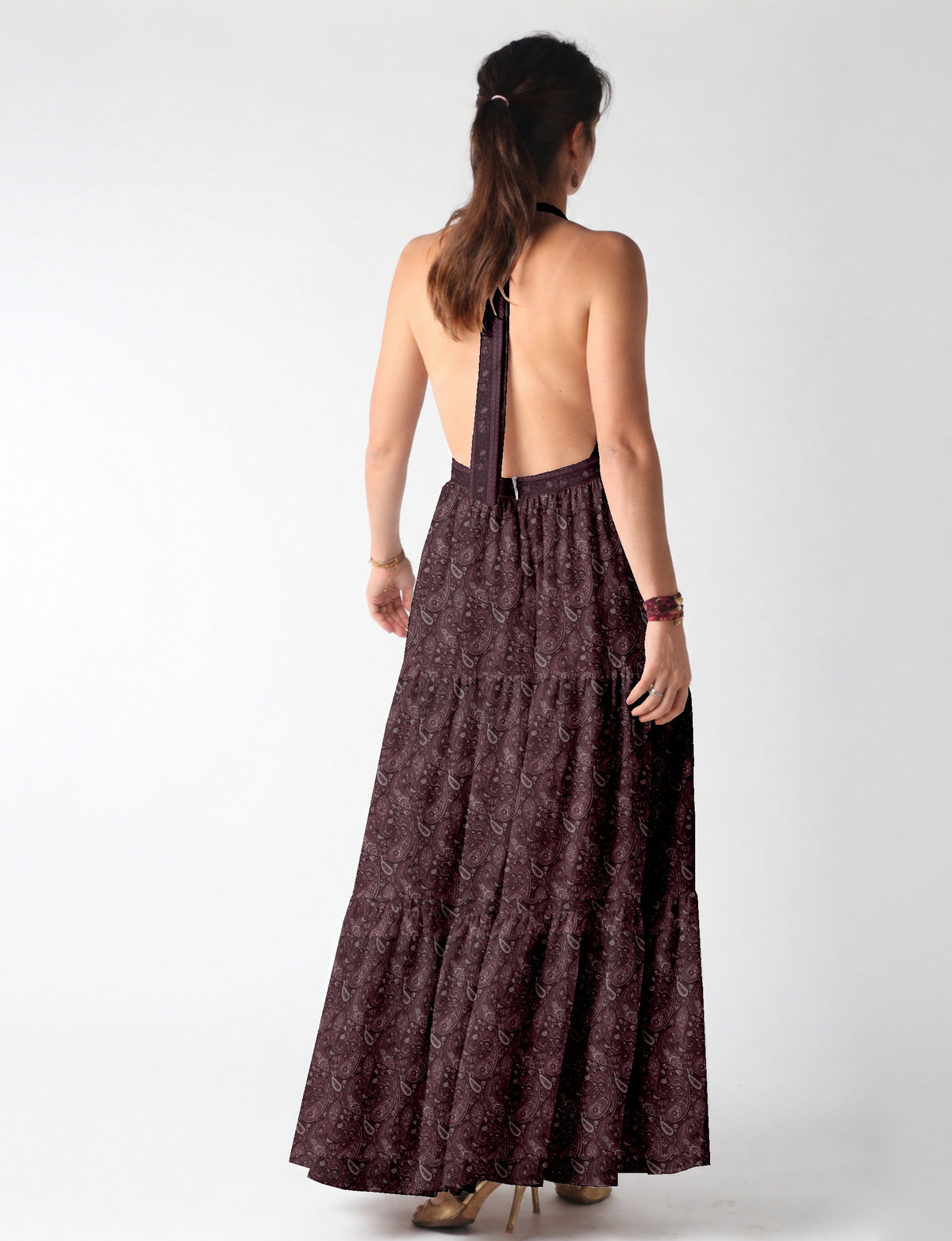Maxi dress side view highlighting volume and movement