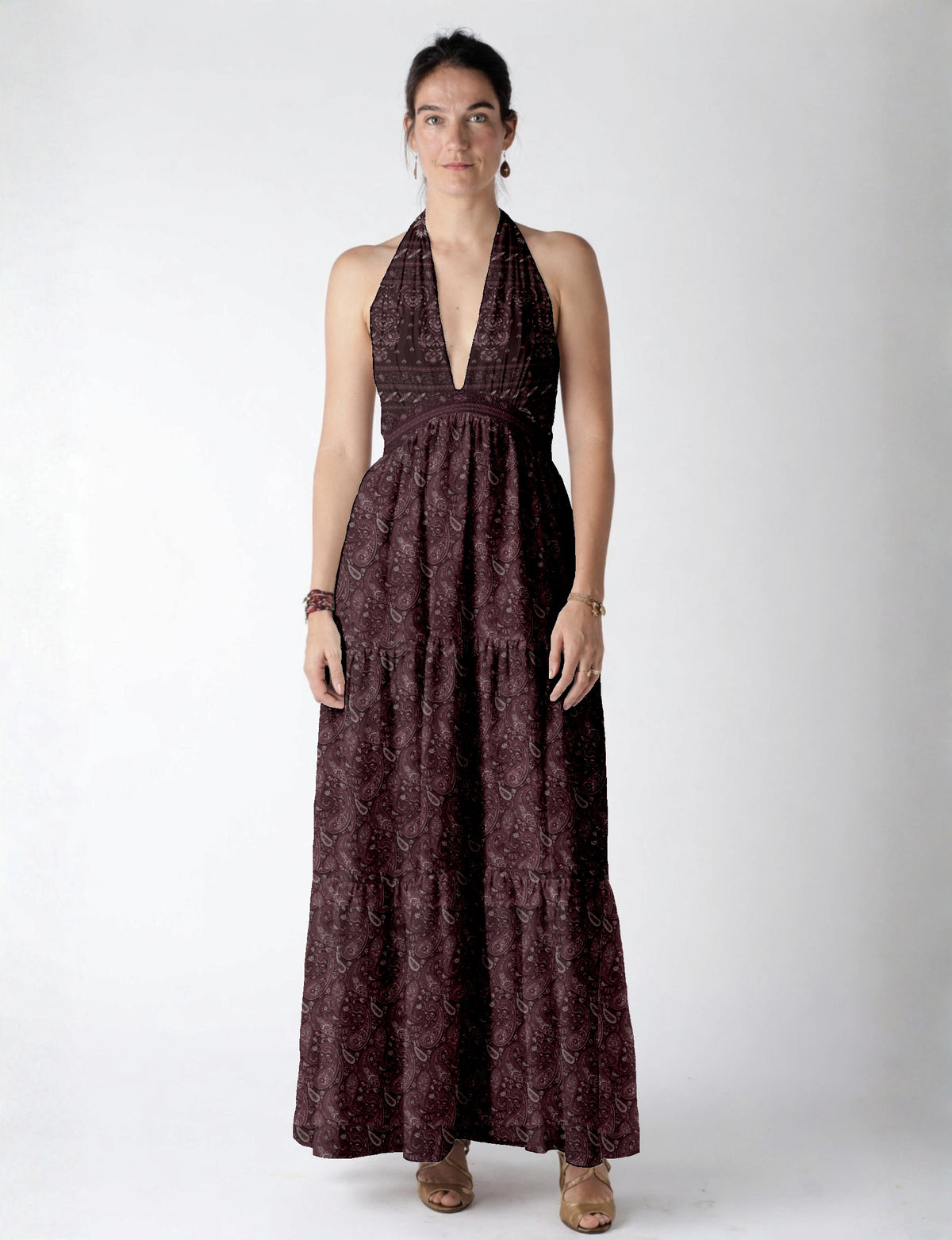 Maxi dress side view highlighting volume and movement