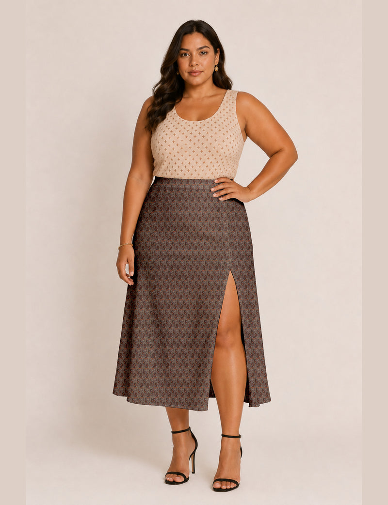 A line skirt with slit - Brown Paisley
