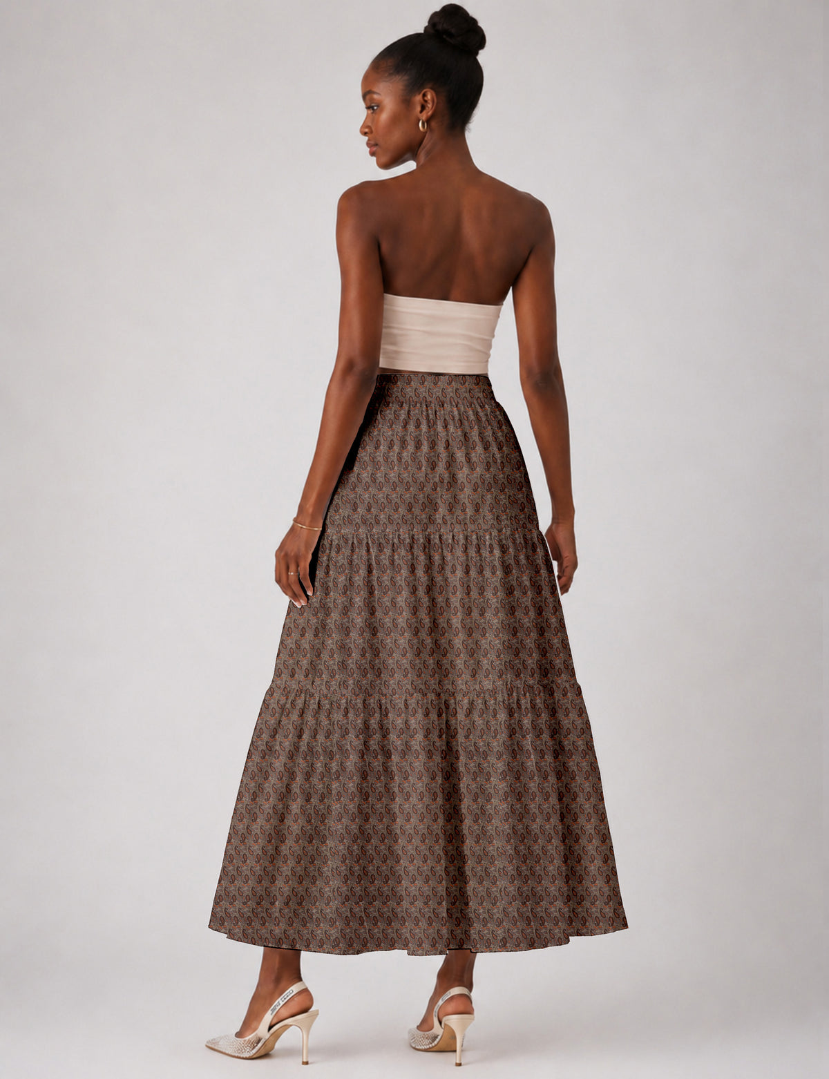 Midi Tiered Skirt - Brown Paisley