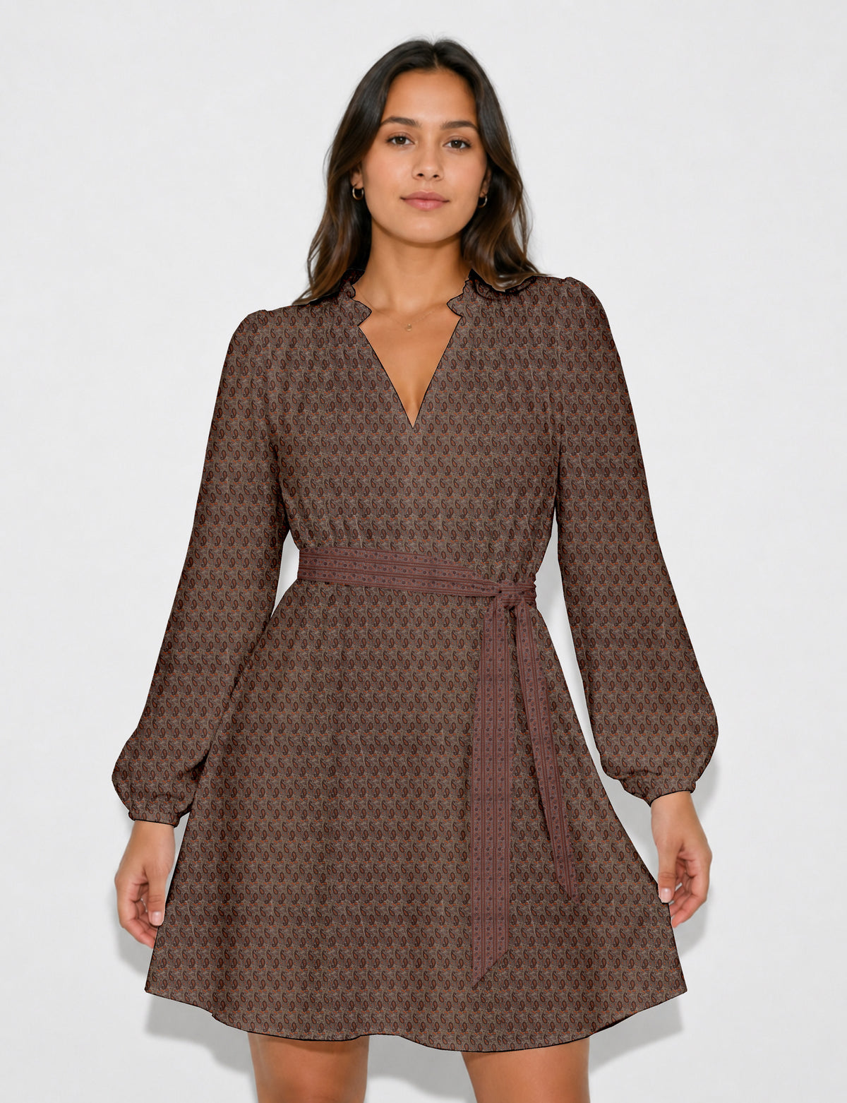 Swing dress with belt - Brown Paisley