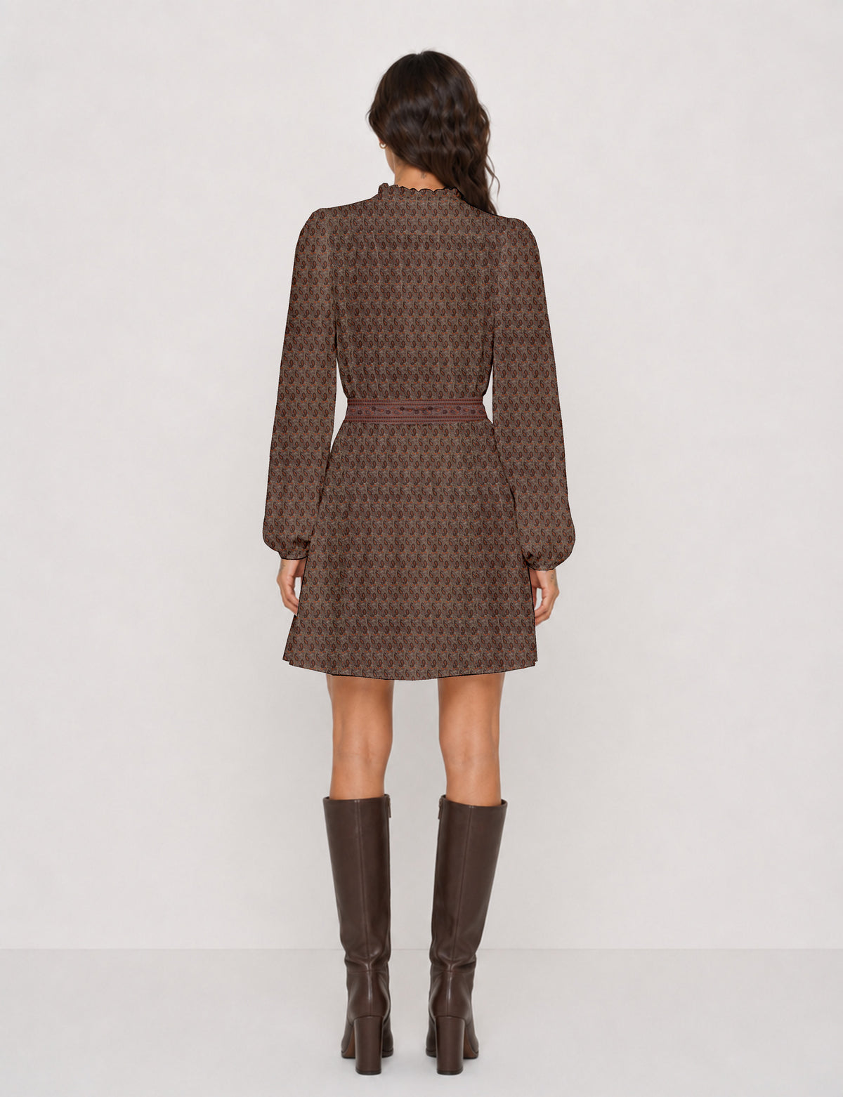Swing dress with belt - Brown Paisley