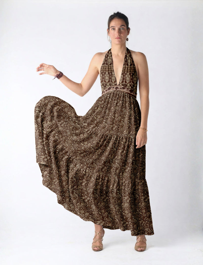 Maxi tiered dress by I was a Sari with halter neckline and flowy silhouette