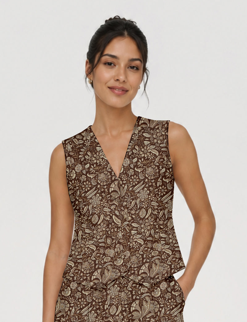 Women's fitted waistcoat with V-neck, single-breasted button closure, tailored silhouette, and pointed hem in sustainable fashion.