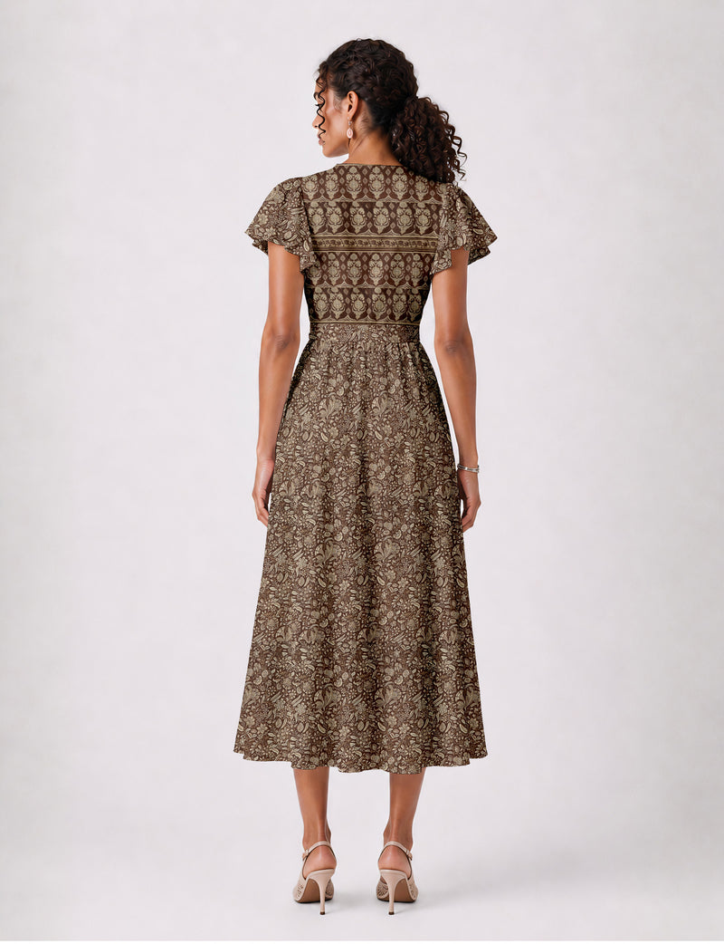 Elegant midi wrap dress with a V-neckline, adjustable waist tie, fitted bodice, and flared skirt for a timeless, flattering silhouette.