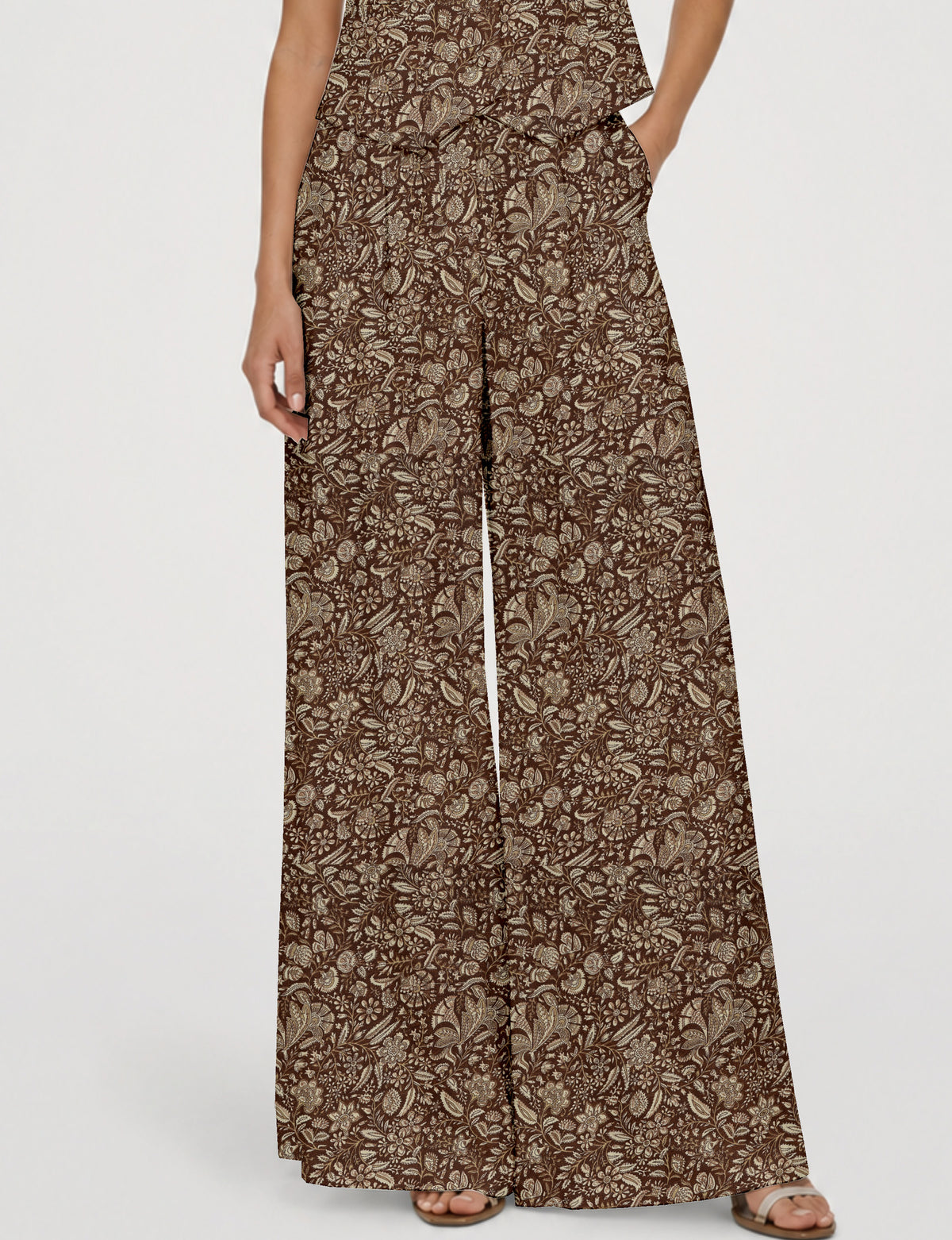 Wide leg pleated trouser - Brown Tropical