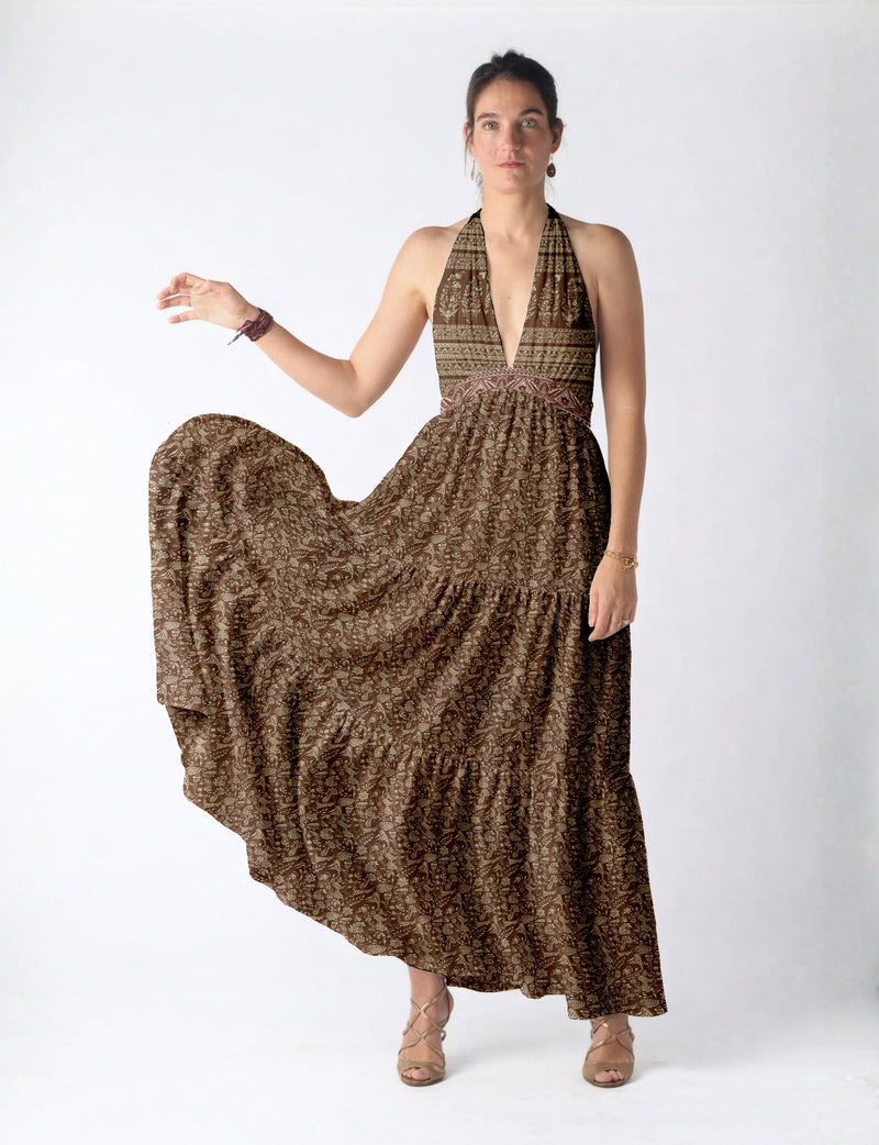 Maxi tiered dress by I was a Sari with halter neckline and flowy silhouette