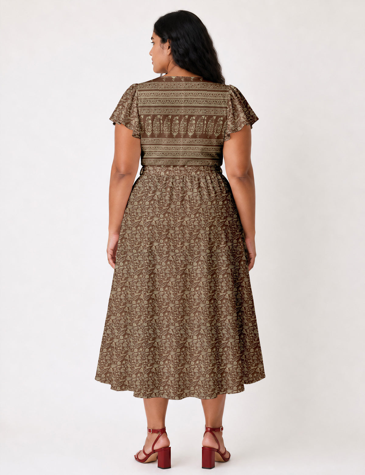 Elegant midi wrap dress with a V-neckline, adjustable waist tie, fitted bodice, and flared skirt for a timeless, flattering silhouette.