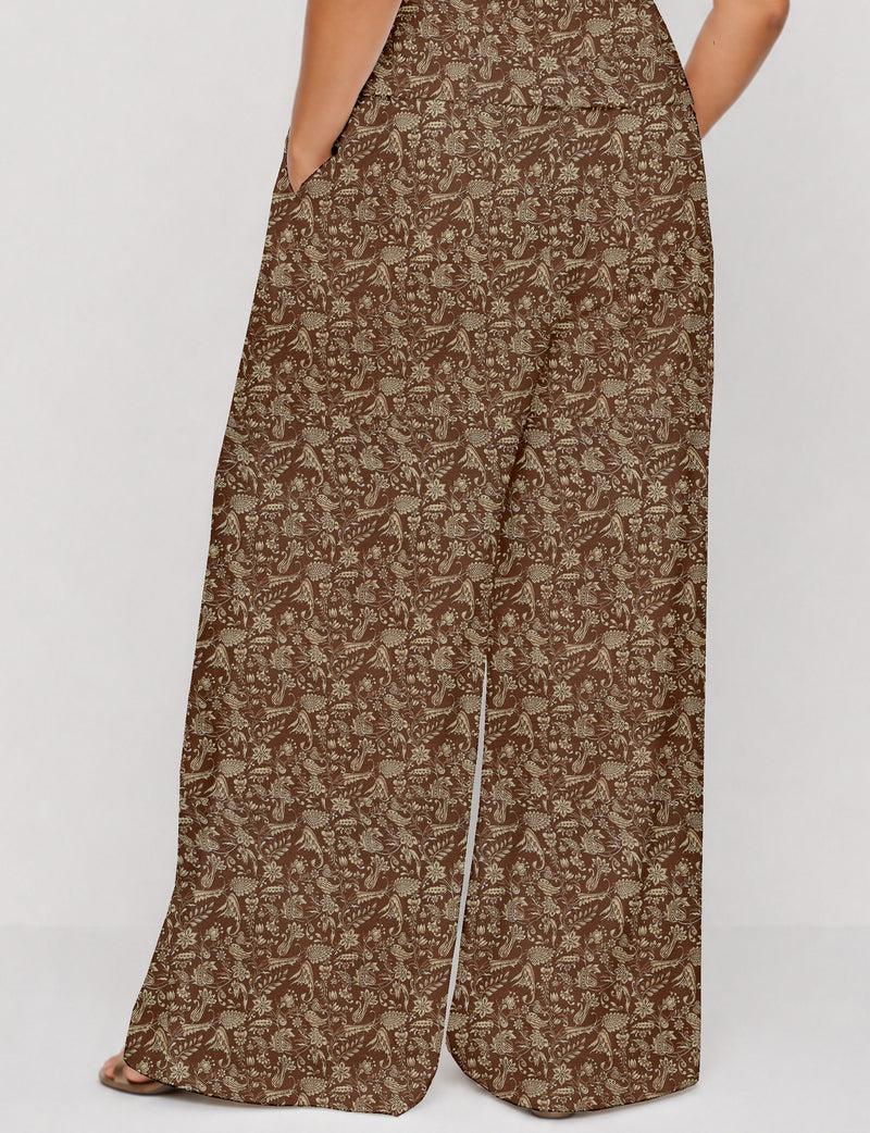 Wide leg pleated trouser - Brown Tropical