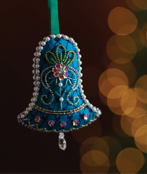 Blue bell ornament with green, pink, and white bead embroidery, floral design, and green hanging ribbon
