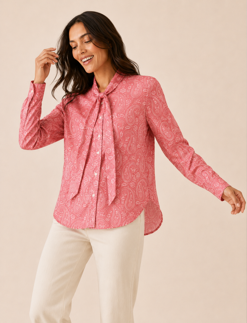 Chemise nœud papillon - Rose Paisley, coupe décontractée, blouse à manches longues
