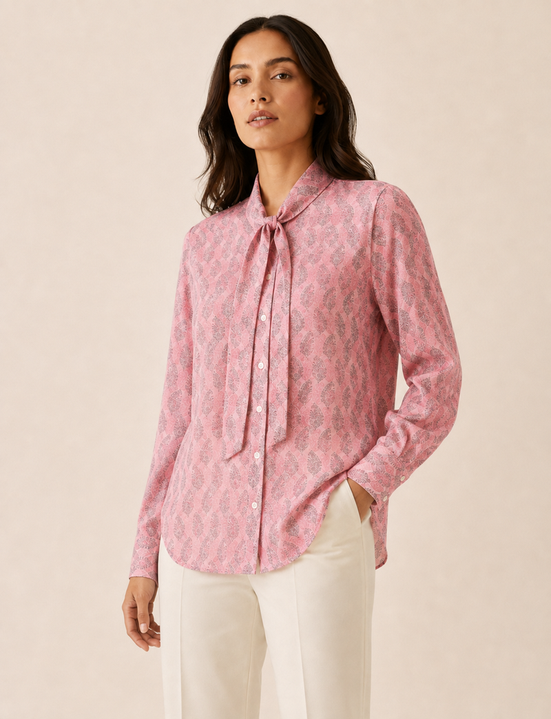 Camisa con lazo - Rosa Hojas, corte relajado, manga larga, abotonada