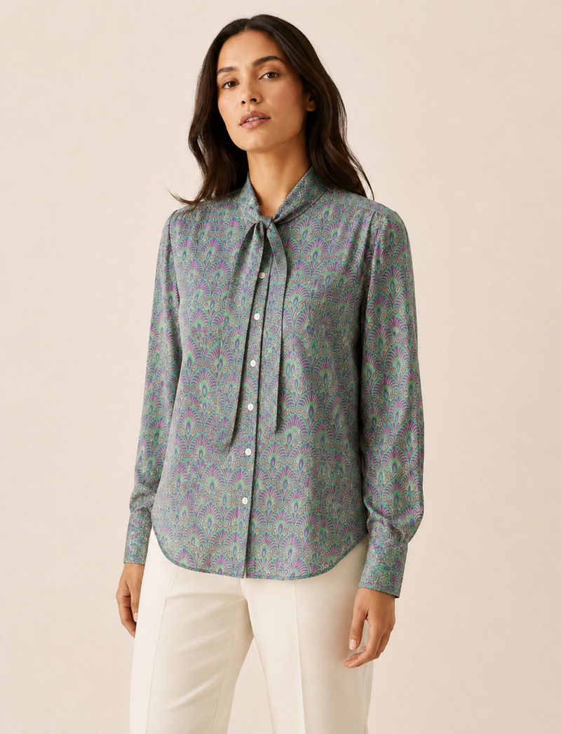 Bowtie Shirt - Green Leaves, Relaxed Fit Long-Sleeve Button-Down with Curved Hemline