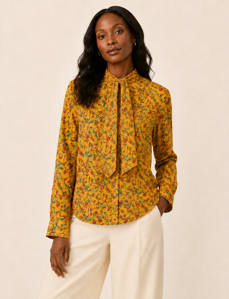 Camisa con lazo - Amarillo Tropical, corte relajado, manga larga, abotonada