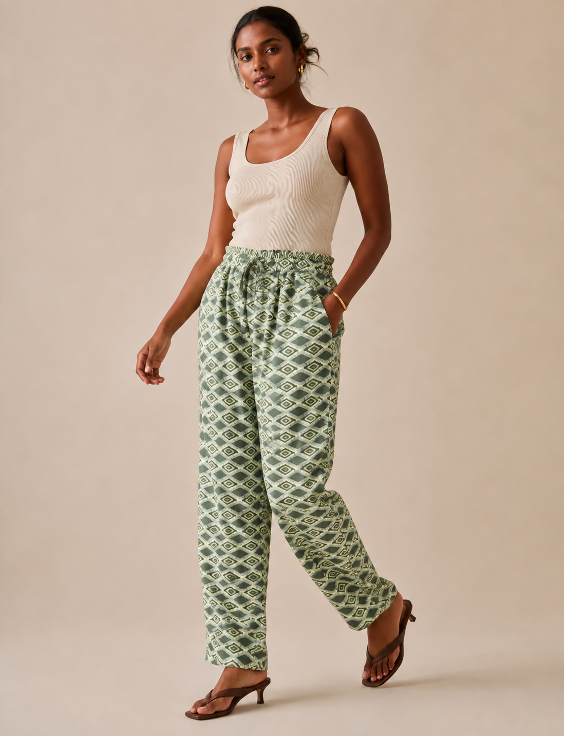 Paperbag High Waisted Pull On Pants - Green Geometric, Straight-Leg with Elastic Waistband