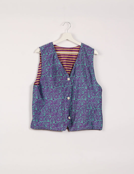 Day Waistcoat made from repurposed saris with macramé-covered buttons, showcasing eco clothing and recycled sari fashion for an eco-friendly, upcycled women's garment.