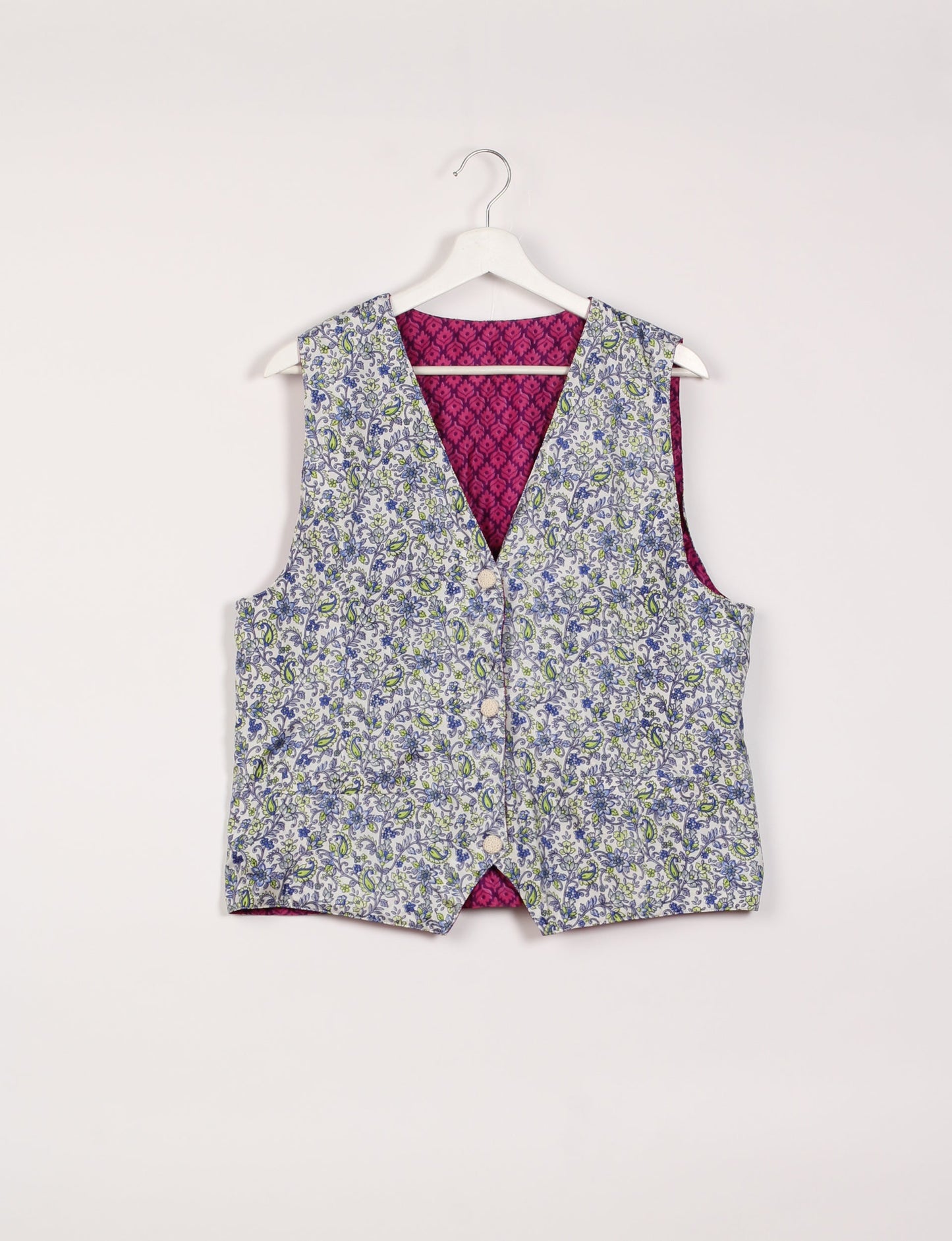 Day Waistcoat made from repurposed saris with macramé-covered buttons, showcasing eco clothing and recycled sari fashion for an eco-friendly, upcycled women's garment.