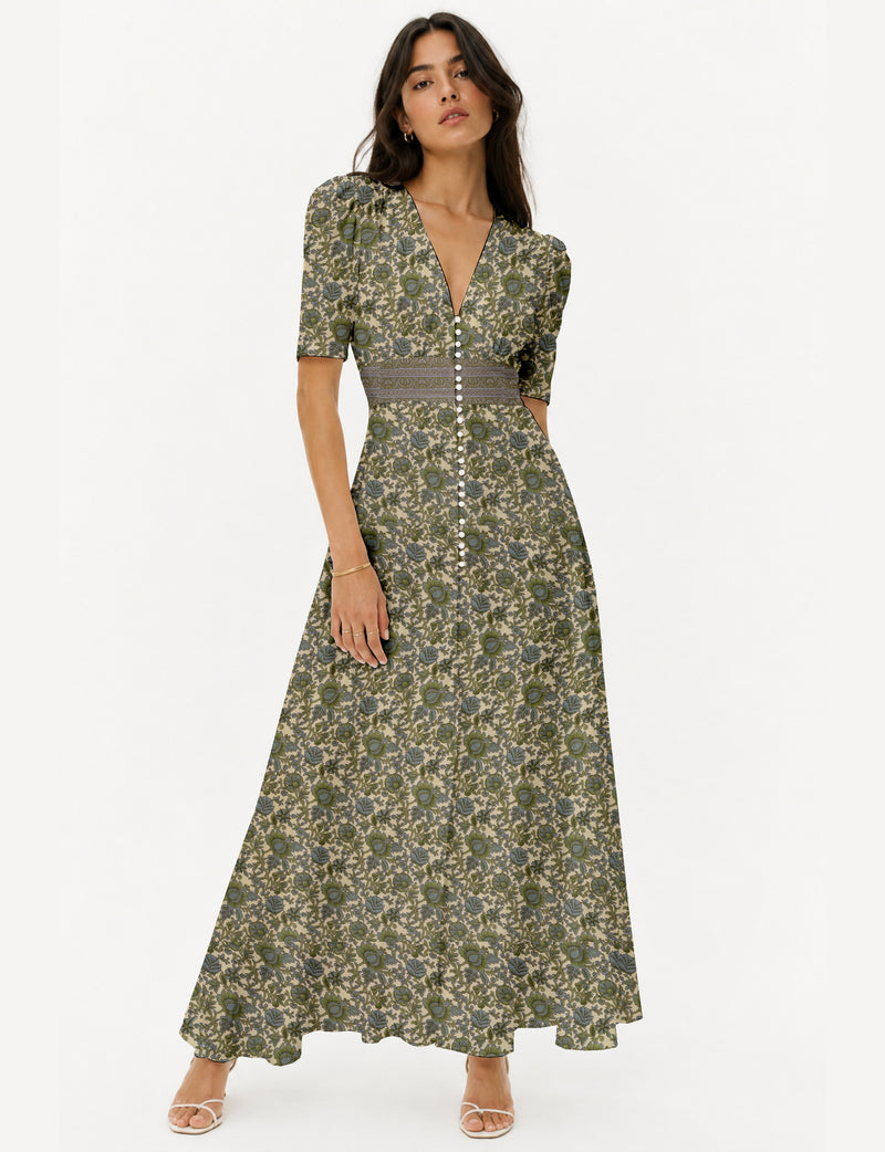 Maxi romantic dress - Green Floral