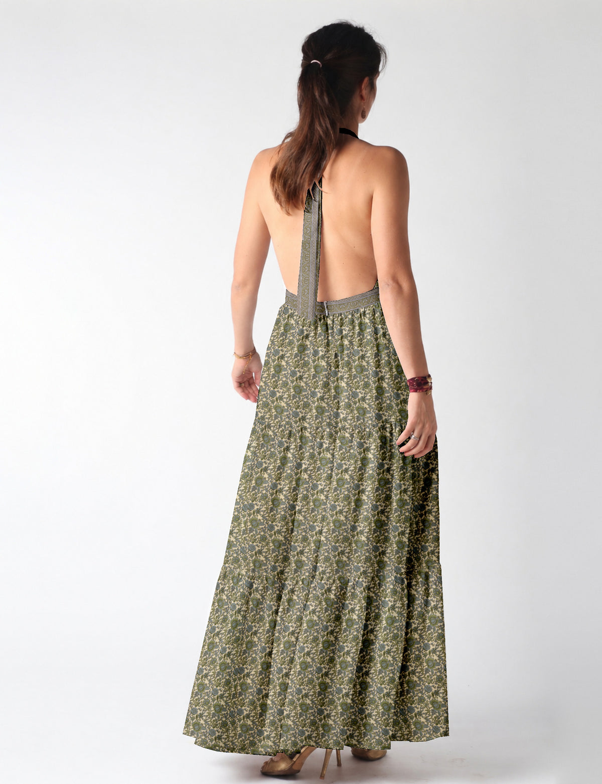 Maxi tiered dress by I was a Sari with halter neckline and flowy silhouette