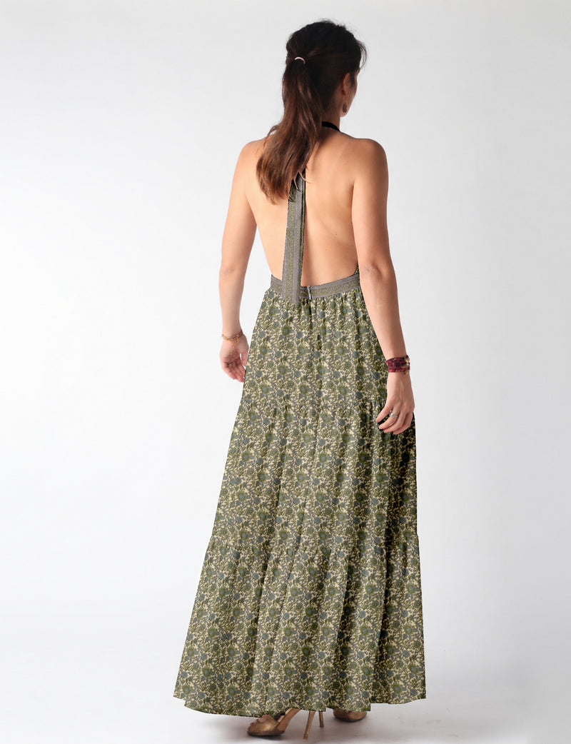 Maxi tiered dress by I was a Sari with halter neckline and flowy silhouette